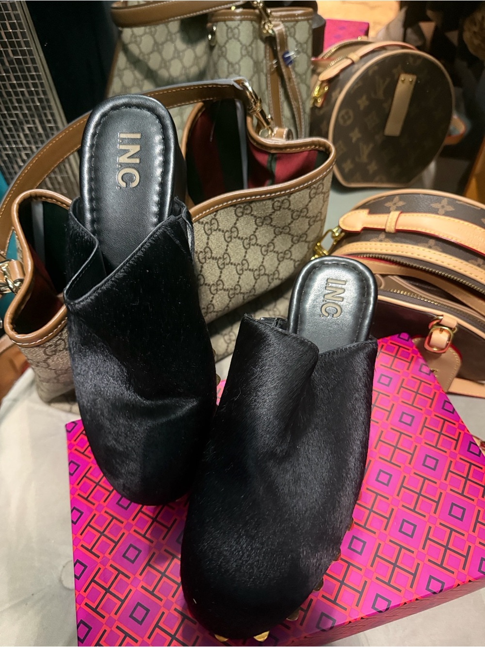 INC International Concepts Women's black  Faux Leather Print Mules